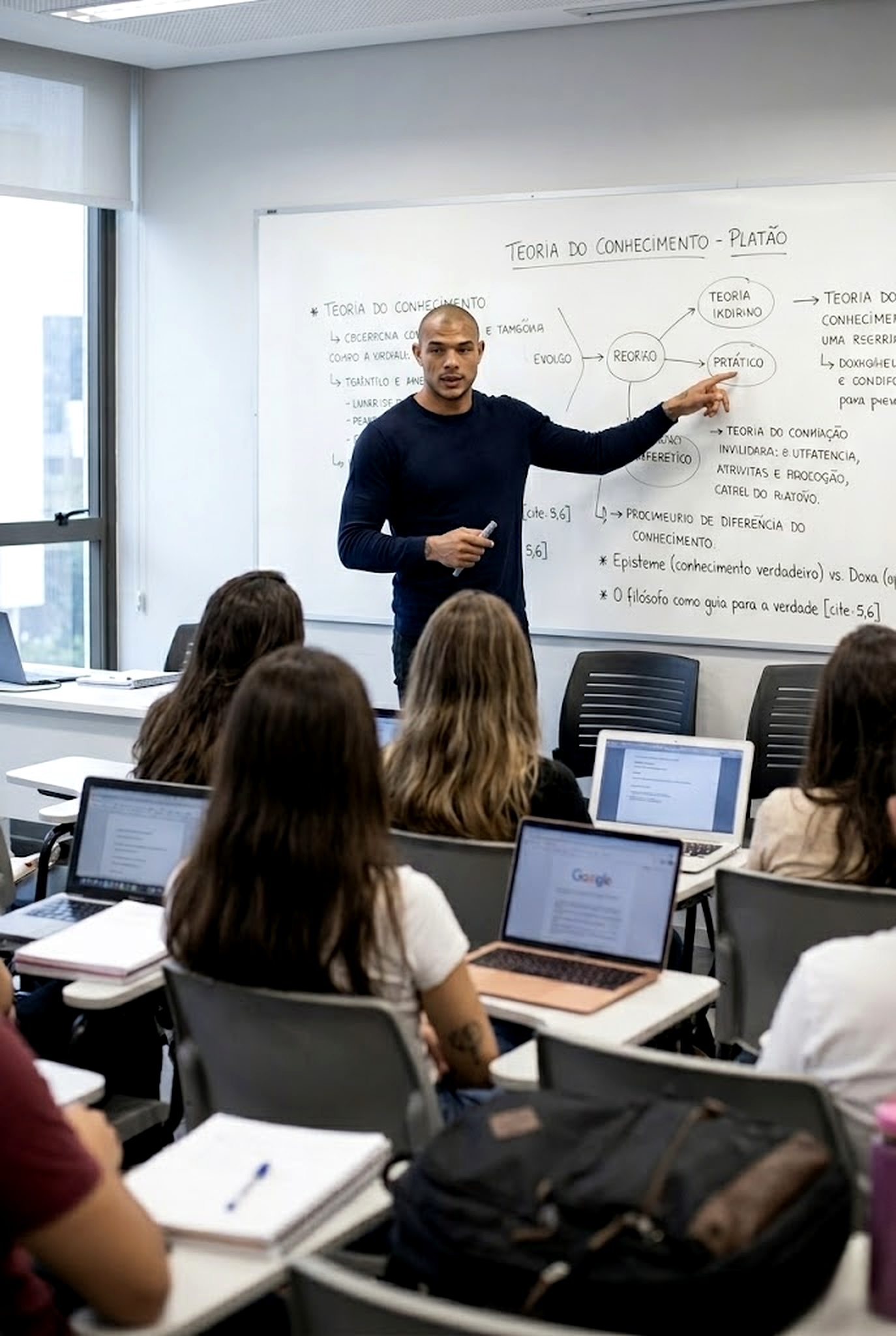 Diorran ensinando diante de quadro branco com mapa conceitual — autoridade e estrutura